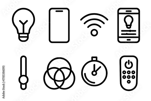 Smart Home Icons. Smart Illumination outline icon set: light bulb, smartphone, Wi-Fi signal, app interface, dimmer slider, color wheel, timer, remote control.