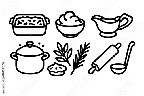 Hearty Winter Icons. Hearty Winter Meals outline icon set: casserole dish, mashed potatoes, gravy boat, baked pie, stew pot, fresh herbs, rolling pin, ladle.