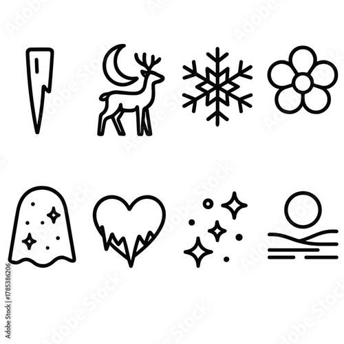 Wintry Icons. Frosted Wonder outline icon set: icicle charm, moonlit deer, silver snowflake, frosty flower, shimmering veil, frozen heart, magic dust, wintry horizon.