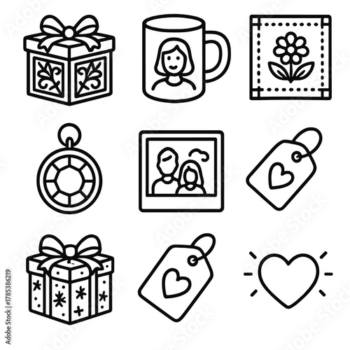 Unique Gift Icons. Unique Presents outline icon set: carved wood gift, personalized mug, embroidered fabric, custom jewelry, printed photo, decorative wrap, tag with message,
