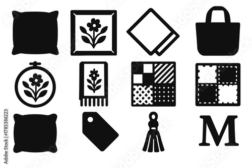 Bold Home Accent Icons. Home Accents bold vector icon set: pillow cover, framed embroidery, napkin, tote bag, wall hoop, table runner, patchwork, fabric square, cushion, tag label,