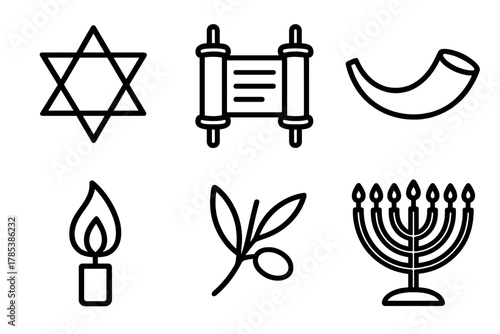 Jewish Symbols Outline. Jewish Traditions outline icon set: Star of David, Torah, shofar, candle flame, olive leaf, menorah.