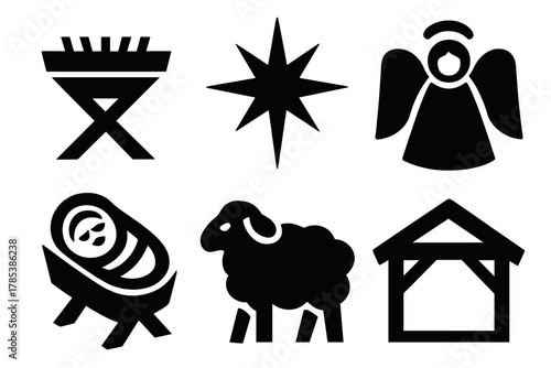 Brutalist Nativity Icons. Nativity Scene bold vector icon set: manger, star, baby in cradle, angel, sheep, stable.