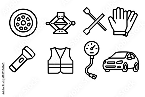 Flat Tire Toolkit. Flat Tire Help outline icon set: spare tire, jack, lug wrench, gloves, flashlight, safety vest, tire pressure gauge, car.