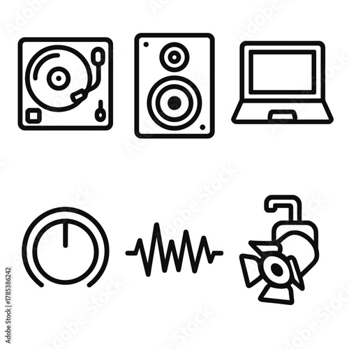 DJ Gear Icons. Club DJ Gear outline icon set: turntable, speaker, laptop, knob, waveform, spotlight.