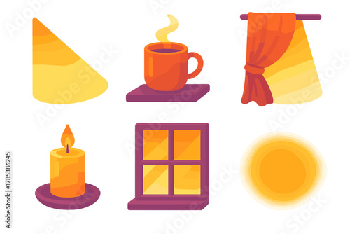 Cozy Light Icons. Cozy Light Through Glass modern flat icon set: warm beam, cup on sill, draped fabric, candlelight, window frame, glow spot.