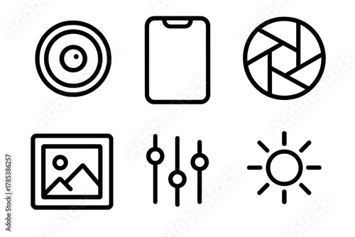 Digital Photography Icons. Digital Mobile Capture outline icon set: camera lens, phone outline, aperture icon, gallery square, adjustment sliders, light icon.