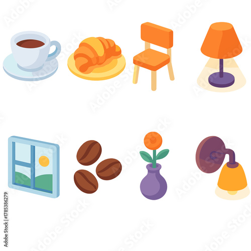 Café Ambience Icons. Café Ambience modern flat icon set: espresso cup, pastry plate, café chair, soft lamp, window view, coffee beans, small vase, warm light.