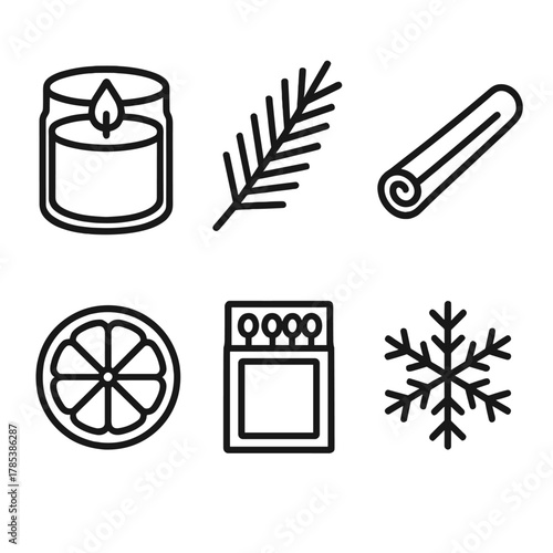 Holiday Candle Icons. Holiday Candles & Fragrance outline icon set: candle jar, pine branch, cinnamon stick, orange slice, matchbox, snowflake.