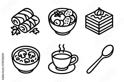 Slavic Feast Icons. Slavic Holiday Table outline icon set: stuffed cabbage, pickled vegetables, honey cake, mushroom stew, tea cup, wooden spoon.