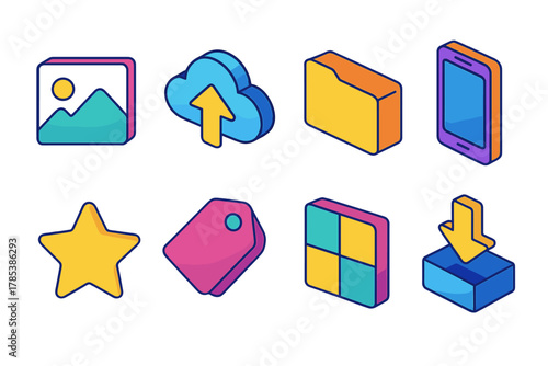 Isometric Album Icons. Online Albums modern flat icon set: gallery icon, cloud upload, folder, smartphone, star, tag, photo grid, download arrow.