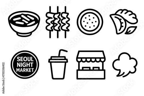 Seoul Night Market Icons. Seoul Night Market outline icon set: tteokbokki bowl, fish cake skewers, hotteok pancake, fried dumplings, neon sign, paper cup drink, market stall, steam