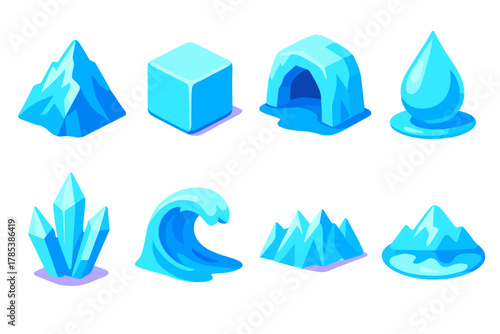 Glacial Icon Set. Glacial Forms modern flat icon set: glacier peak, ice block, frozen cave, melting droplet, jagged crystal, frozen wave, icy ridge, reflection glow.