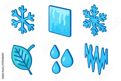 Winter Icon Set. Winter Glass Effects modern flat icon set: snowflake shapes, misted pane, ice bloom, frozen leaf, condensation drops, frosty streaks.
