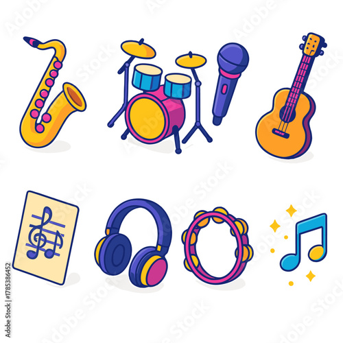 Colorful Music Icons. Seasonal Melody modern flat icon set: saxophone, drum set, microphone, guitar, music sheet, headphones, tambourine, glowing notes.