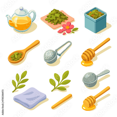 Herbal Tea Icons. Herbal Blend modern flat icon set: glass teapot, dried herbs, flower petals, loose-leaf tin, wooden spoon, tea strainer, honey dipper, pastel background, green