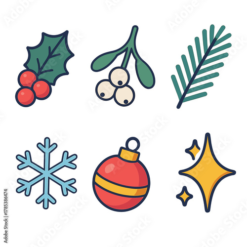 Winter Botanical Icons. Winter Botanical Icons modern flat icon set: holly leaf, mistletoe berries, pine twig, snowflake, ornament, sparkle.