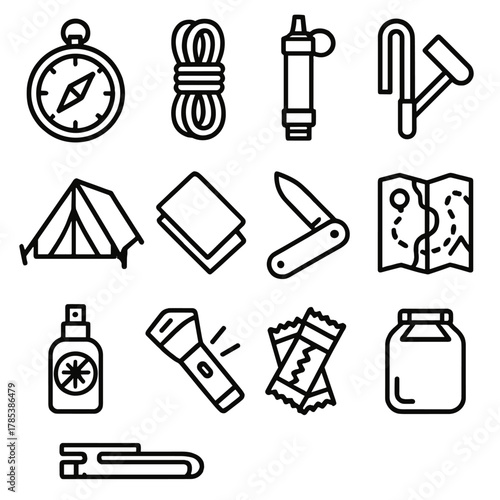 Outdoor Essentials Icons. Outdoor Preparedness outline icon set: compass, rope, water filter, fire starter, tent, emergency blanket, pocket knife, trail map, insect repellent,