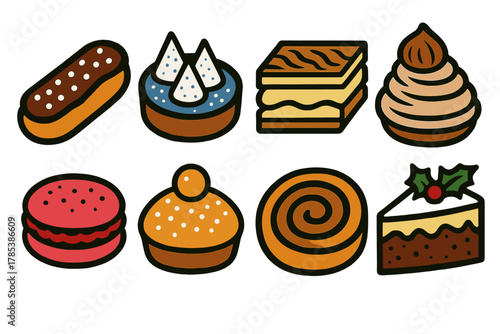 French Dessert Icons. French Holiday Desserts bold vector icon set: festive éclair, snow-dusted tart, vanilla mille-feuille, chestnut mousse, raspberry macaron, sugar-dusted
