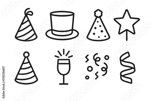 Festive Hat Icons. New Year Hat Icons outline icon set: party hat, top hat, glitter cone, star decoration, striped hat, champagne sparkle, confetti detail, festive ribbon.