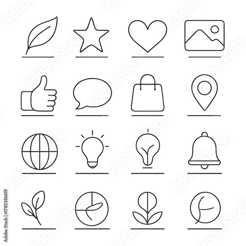 Elegant Typographic Icons. Elegant Word Design outline icon set: monoline font, curved lettering, gentle stroke, minimal contrast, lowercase words, typographic balance, open