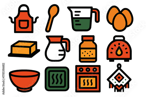 Festive Kitchen Icons. Festive Kitchen Scene bold vector icon set: apron, wooden spoon, measuring cup, eggs, butter stick, milk jug, cinnamon jar, timer, mixing bowl, baking pan,