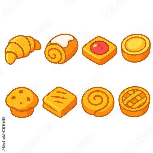 Vibrant Pastry Icons. Warm Pastries modern flat icon set: golden croissant, sweet roll, fruit danish, custard tart, muffin top, flaky pastry, puff swirl, warm pie.