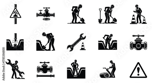 Construction worker repair plumbing digging safety hazard vector art