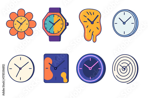 Modern Clock Designs. Creative Clock Designs modern flat icon set: flower-shaped clock, geometric watch, melting clock, transparent glass watch, minimalist line clock, abstract art