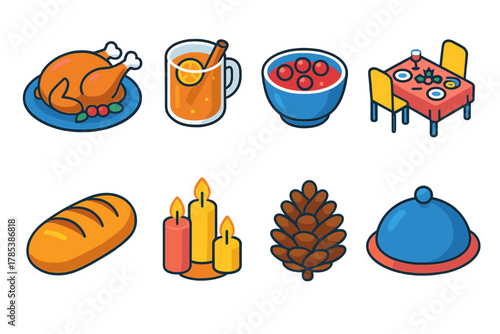 Festive Feast Icons. Yuletide Feast modern flat icon set: roasted turkey, hot cider, cranberry sauce, decorated table, bread loaf, candle set, pinecone decor, serving tray.