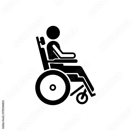 Simple black vector icon of a person in a wheelchair, symbolizing disability, accessibility, and inclusivity