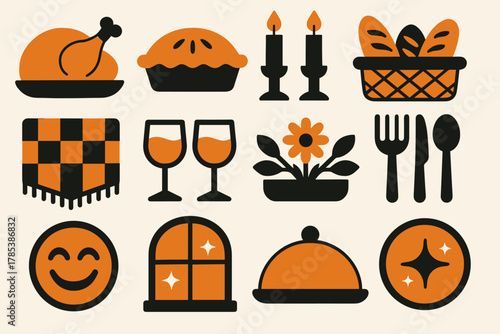 Festive Meal Icons. Festive Family Meal bold vector icon set: roast dish, pie, candles, bread basket, tablecloth, glasses, centerpiece, utensils, laughter, cozy window, serving
