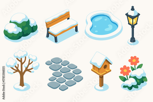 Winter Garden Icons. Winter Garden Scene modern flat icon set: snow-covered bushes, frosted bench, icy pond, lantern light, winter tree, stone walkway, birdhouse, snowy flowers.