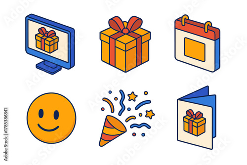 Festive Gift Icons. Remote Gift Swap modern flat icon set: computer screen, ribboned present, calendar, emoji face, confetti burst, card.