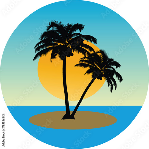 Serene tropical island paradise with silhouetted palm trees against a vibrant sunset and calm ocean waters