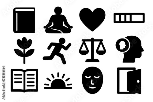 Personal Growth Icons. Personal Growth bold vector icon set: self-improvement book, meditation pose, heart symbol, progress bar, blooming flower, running figure, balanced scales,