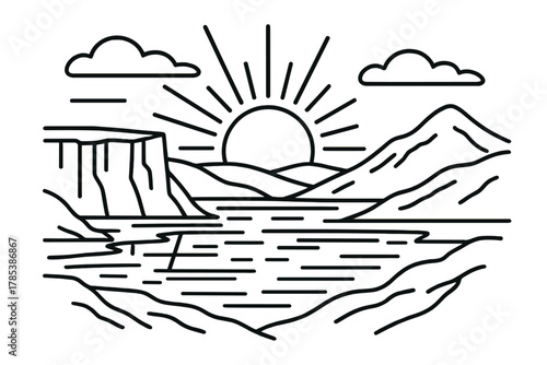 Polar Sunrise Silhouette. Polar Dawn Scene outline icon set: sunrise over ice, glacier edge, snow-covered ridge, faint clouds, frozen lake, shimmering light, crisp air, endless sky