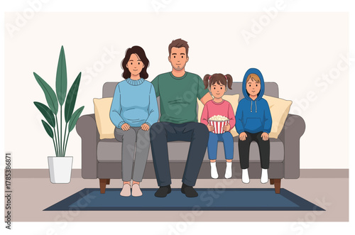 Happy Family Watching Movie Together at Home on Sofa