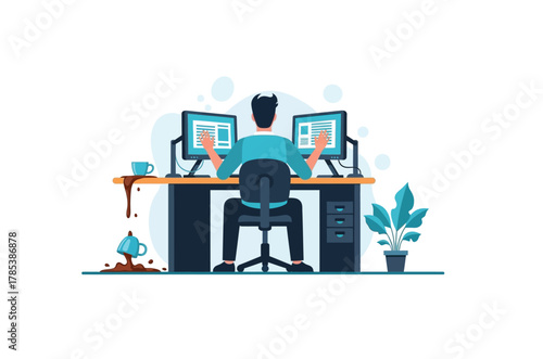 Man working on computer with two monitors in a modern office setting