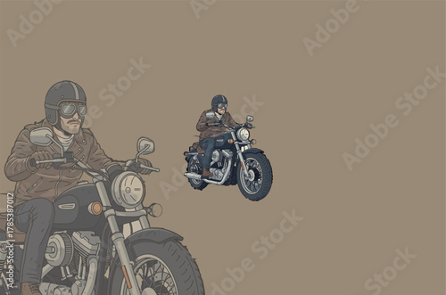 Two bikers on motorcycles one in the foreground and one in the background against a plain brown background
