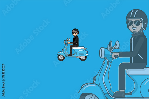 Two Men Riding Scooters on a Blue Background