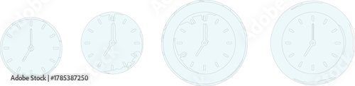 The image features four clocks, each indicating a time close to 7 o'clock. The clocks are illustrated with fine lines, creating a minimalist and outlined aesthetic.