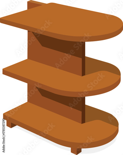 Stylish modern wooden display shelf with three curved tiers, perfect for showcasing merchandise or home decor.