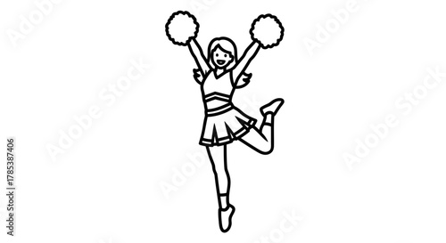 Enthusiastic cheerleader with pom-poms raising team spirit in dynamic pose and outline
