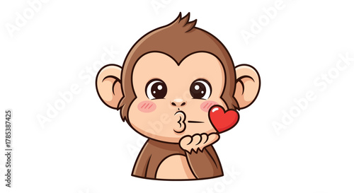 Expressive monkey conveying affection through blowing a kiss accompanied by a heart graphic