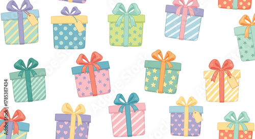 Festive celebration pattern design showcasing whimsical pastel colored gift boxes adornments
