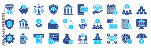 Bank editable color icon set collection. Mortgage, investment, wallet, online banking, ATM, savings, banger and more. Vector eps 10