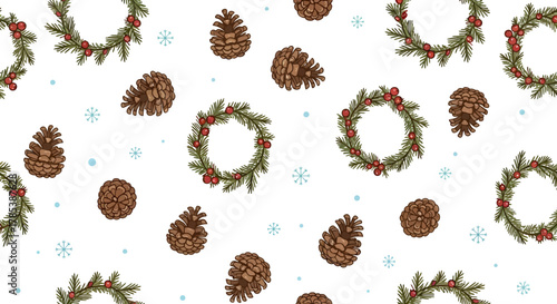 Hand-drawn botanical winter seamless pattern featuring pine cones and evergreen wreaths with berries