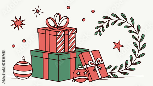 Illustration of christmas presents stacked with ornaments and a wreath in festive colors