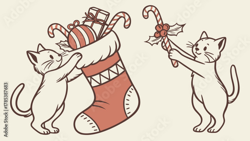 Two cats near a christmas stocking filled with gifts and a candy cane with holly decoration